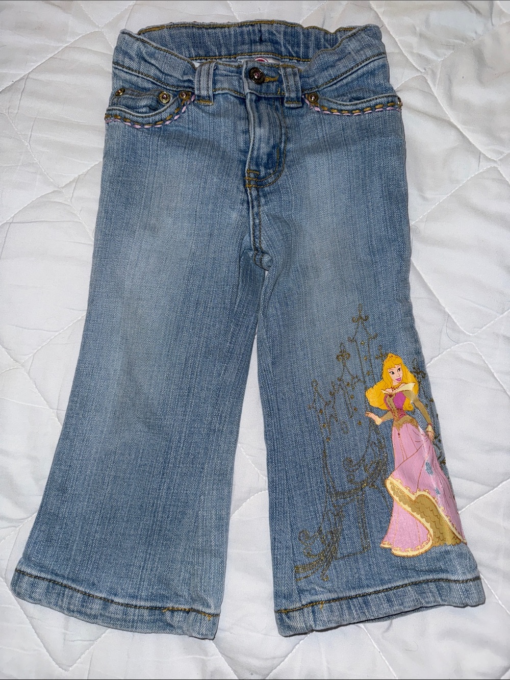 2T VTG Girls' Blue Denim Embroidery Aurora Disney's Sleeping Beauty flare Jeans